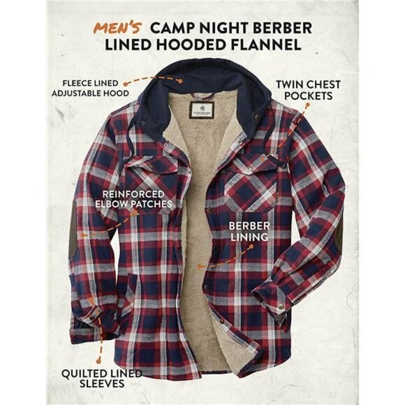 Men's Camp Night Berber Lined Hooded Flannel Shirt Jacket - Picture 5 of 6